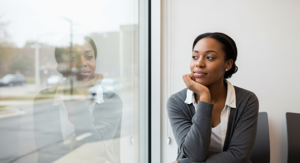 The Quiet In-Between: How to Thrive When Life Pauses A dark-skinned woman sits alone in a softly lit modern waiting room, reflecting quietly on her life transition.