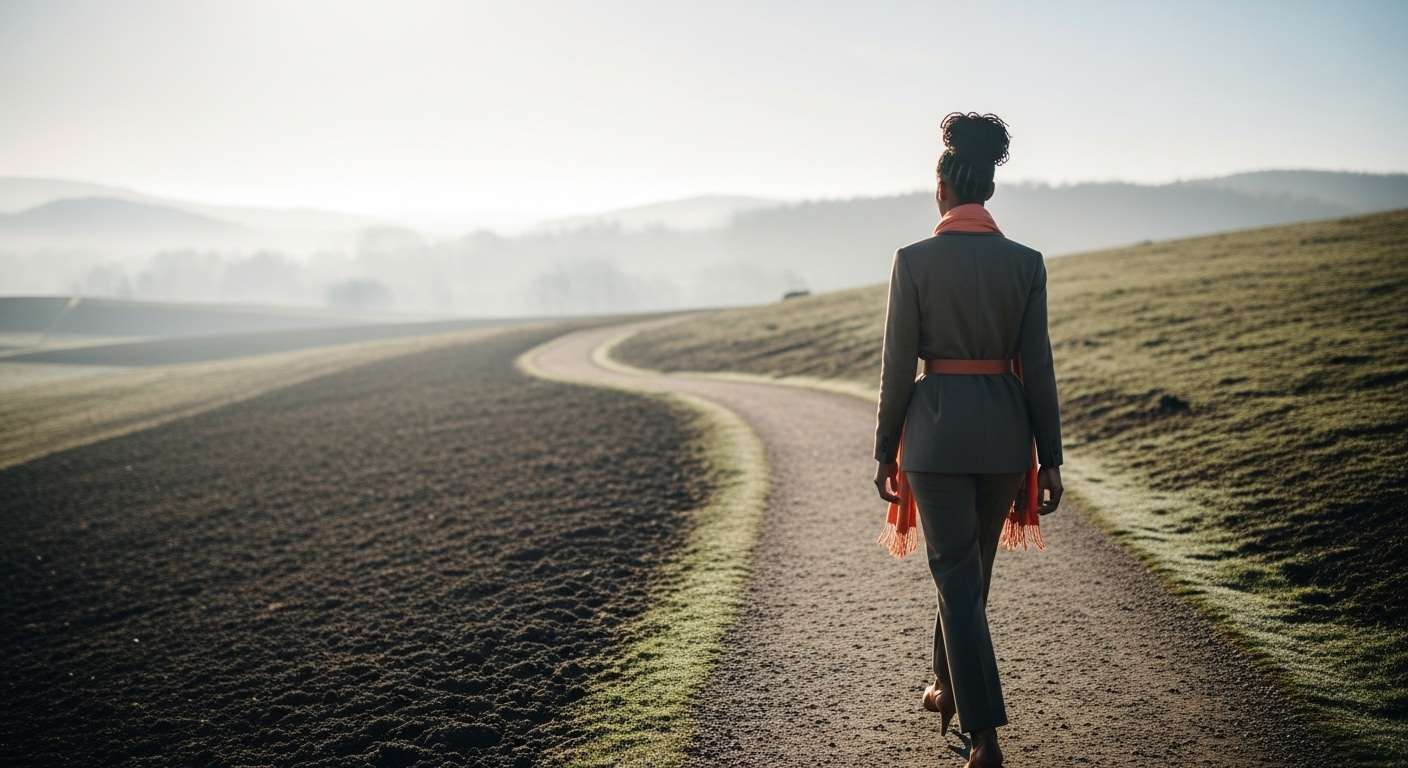 Home A woman seen from behind walking along a winding path toward a bright horizon, symbolizing clarity and growth during life transitions.